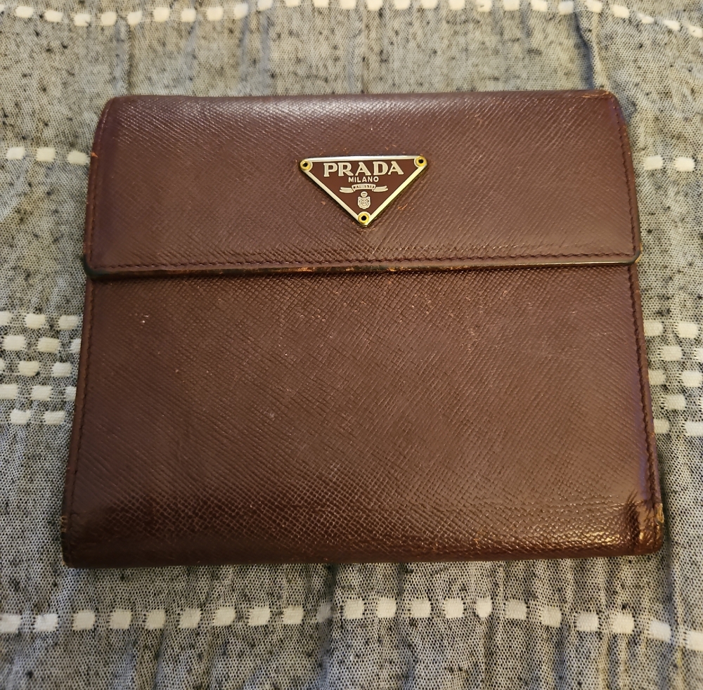 Prada Men’s Dark Brown Saffiano Leather Wallet with Gold Triangle Logo
